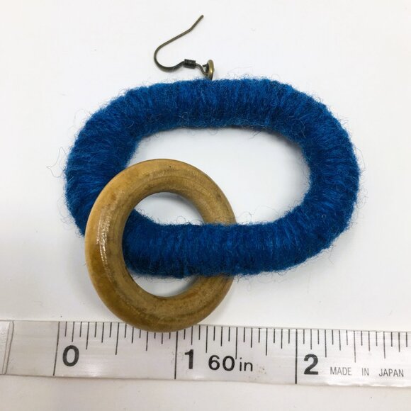Handmade Oval Ocean Blue Wool Wrapped Chunky Wood Dangle Chain Earrings - Picture 9 of 11